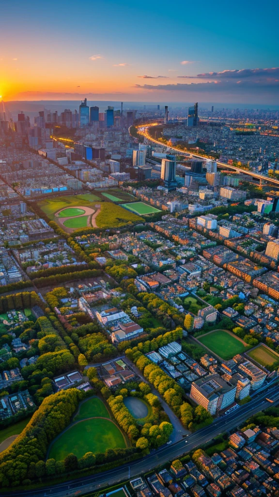 a view of a city with tall buildings and a green park, a picture by Naondo Nakamura, unsplash, sōsaku hanga, tokyo japan, arafed view of a field of flowers with a sunset in the background, floral sunset, warm beautiful scene, beautiful sunrise, flowers sea everywhere, sunset warm spring, beautiful sunset, magnificent background, vibrant sunrise, beautiful sunset glow, breathtaking landscape, stunning sunset, field of flowers, at sunrise in springtime, sunset glow, beautiful sunrise lighting, flower field, sunset sunrise tokyo city, tokyo city in the background, tokio, tokyo, japanese city, tokyo prefecture, new tokyo, aerial view of a city, tokyo in the background, bird's eye view of a city