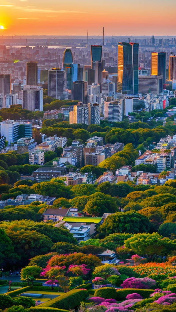 a view of a city with tall buildings and a green park, a picture by Naondo Nakamura, unsplash, sōsaku hanga, tokyo japan,    arafed view of a field of flowers with a sunset in the background, floral sunset, warm beautiful scene, beautiful sunrise, flowers sea everywhere, sunset warm spring, beautiful sunset, magnificent background, vibrant sunrise, beautiful sunset glow, breathtaking landscape, stunning sunset, field of flowers, at sunrise in springtime, sunset glow, beautiful sunrise lighting, flower field, sunset sunrise  tokyo city, tokyo city in the background, tokio, tokyo, japanese city, tokyo prefecture, new tokyo, aerial view of a city, tokyo in the background, bird's eye view of a city