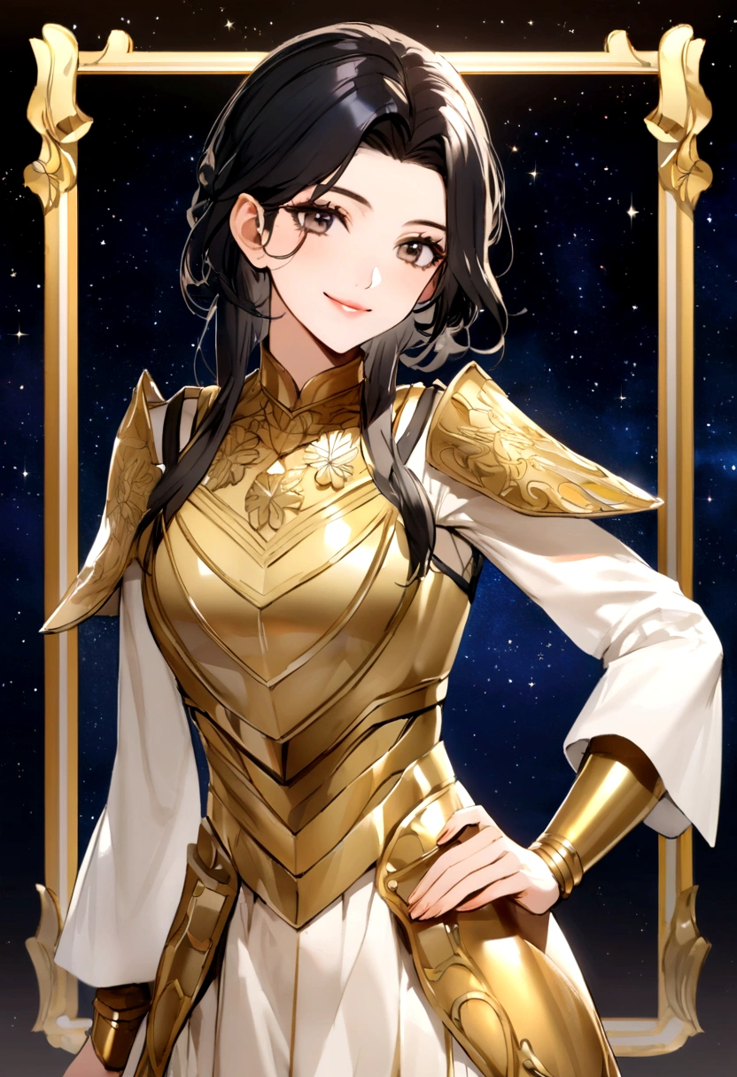 high definition i model with black hair, dressed in a white and gold warrior, nice and tender, putting my hand on my hip, and smiling like a winner, with stars background