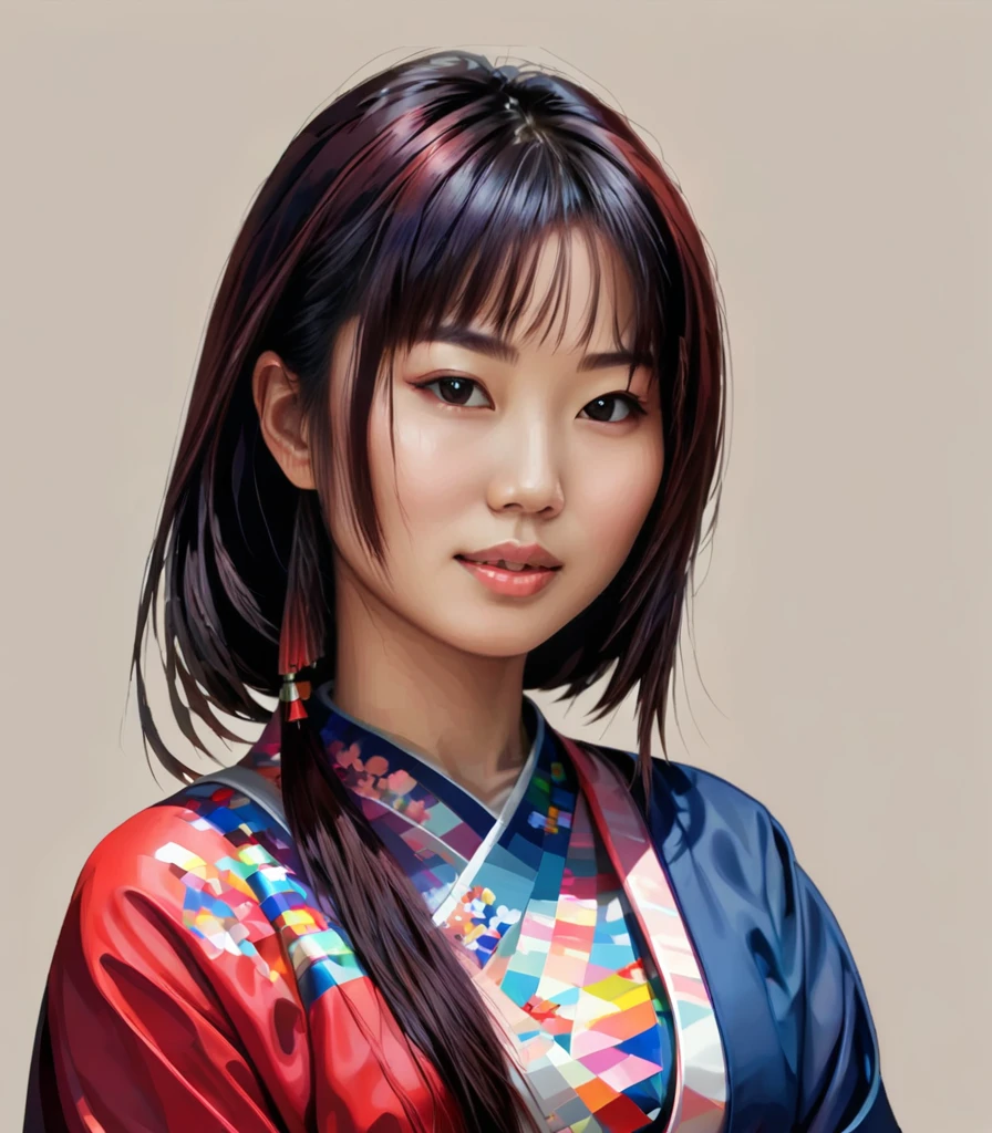 pixel art,Japanese woman uses colorful brush strokes to create 3D pixel portraits of girls..