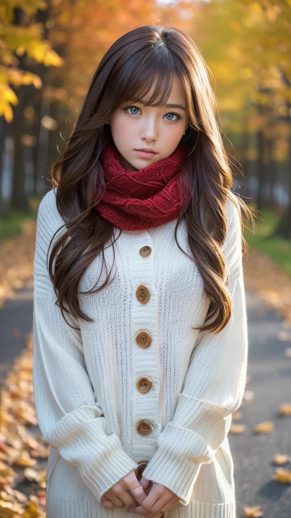 (masterpiece), Highest quality, Super detailed, figure, Warm lighting, Soft lighting, Bright colors, 1 Girl, alone,( beautiful girl, Long Hair, blue eyes, ribbon, Brown Hair, Hair between the eyes, hair ribbon, Side Lock, very Long Hair, Messy Hair,) , autumn, Lots of maple trees, maple leaf, Golden Leaf, autumn leaves, Dry leaves, river, Fresh air, peace, Cool breeze , Sweater Weather,( Wear a white or brown sweater, Red scarf, melancholyなautumn, Lost in Thought, melancholy, sad ,Worried, longing,)