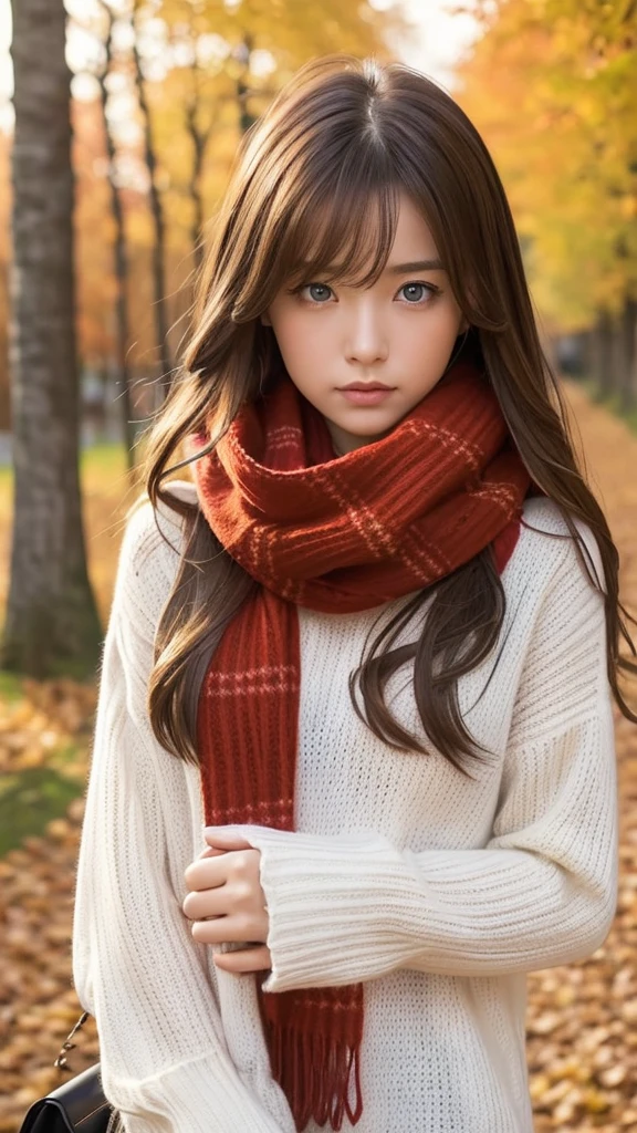 (masterpiece), Highest quality, Super detailed, figure, Warm lighting, Soft lighting, Bright colors, 1 Girl, alone,( beautiful girl, Long Hair, blue eyes, ribbon, Brown Hair, Hair between the eyes, hair ribbon, Side Lock, very Long Hair, Messy Hair,) , autumn, Lots of maple trees, maple leaf, Golden Leaf, autumn leaves, Dry leaves, river,  Fresh air,  peace, Cool breeze , Sweater Weather,( Wear a white or brown sweater, Red scarf, melancholyなautumn, Lost in Thought, melancholy, sad ,Worried, longing,)