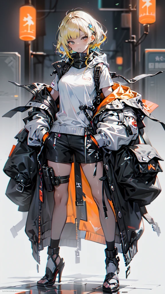 1 girl, short yellow hair, cyberpunk, Alice in Wonderland, black high heels, hand in pocket, best quality, 4k, 8k, highres, masterpiece:1.2, ultra-detailed, realistic, photorealistic, photo-realistic:1.37, HDR, UHD, studio lighting, ultra-fine painting, sharp focus, physically-based rendering, extreme detail description, professional, vivid colors, bokeh, concept art