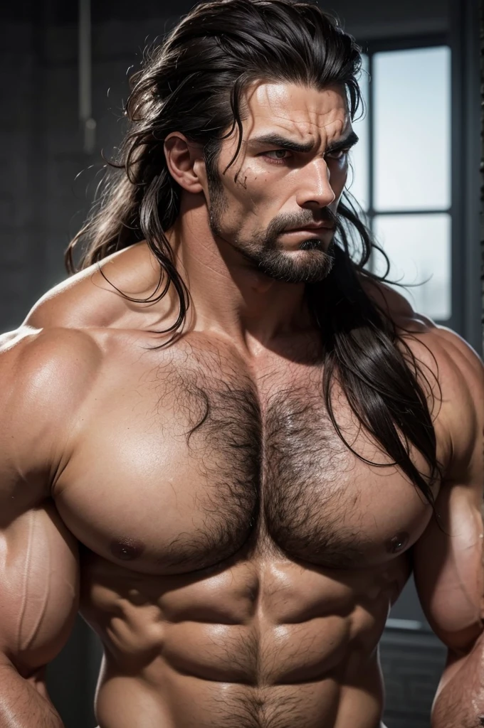 robust and imposing man, with a height of 1,90 meters and well-defined muscles, result of years of training and battles. Her hair is dark brown and messy, falling to his shoulders, and his eyes are a deep gray that reflects his determination and intelligence. Your skin is marked by countless scars, memories of the fights he fought and won throughout his life