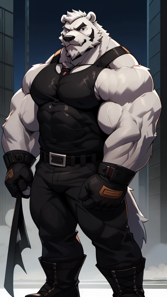 solo, 1boy, Huge Muscular White Polar Bear as bane from batman, supervillain, huge white fur, pectoral, huge pectoral, wide pectoral, bane leather mask, short white hair, black tight tank top, tight black pants, black wristbands gloves and army boots, bearded, Mustache, white fur, gotham background, masterpiece, high detailed, 8k, high resolution, at the top looking at Gotham posing for revenge