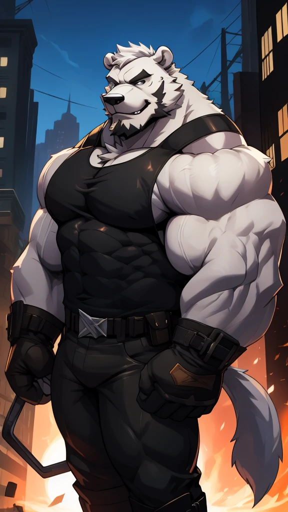 solo, 1boy, Huge Muscular White Polar Bear as bane from batman, supervillain, huge white fur, pectoral, huge pectoral, wide pectoral, bane leather mask, short white hair, black tight tank top, tight black pants, black wristbands gloves and army boots, bearded, Mustache, white fur, gotham background, masterpiece, high detailed, 8k, high resolution, at the top looking at Gotham posing for revenge