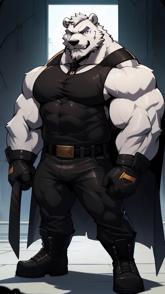 solo, 1boy, Huge Muscular White Polar Bear as bane from batman, supervillain, huge white fur, pectoral, huge pectoral, wide pectoral, bane leather mask, short white hair, black tight tank top, tight black pants, black wristbands gloves and army boots, bearded, Mustache, white fur, gotham background, masterpiece, high detailed, 8k, high resolution, at the top looking at Gotham posing for revenge