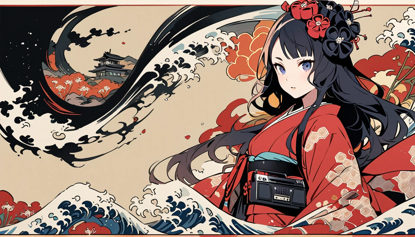 Highest quality, Katsushika Hokusai, Ink Painting, (((longhair))), (((Pale red kimono))), (((Boombox))), Patterned headphones, Red spider lily, beautiful girl, Black Hair, Delicate and precise, Modern ukiyo-e style,