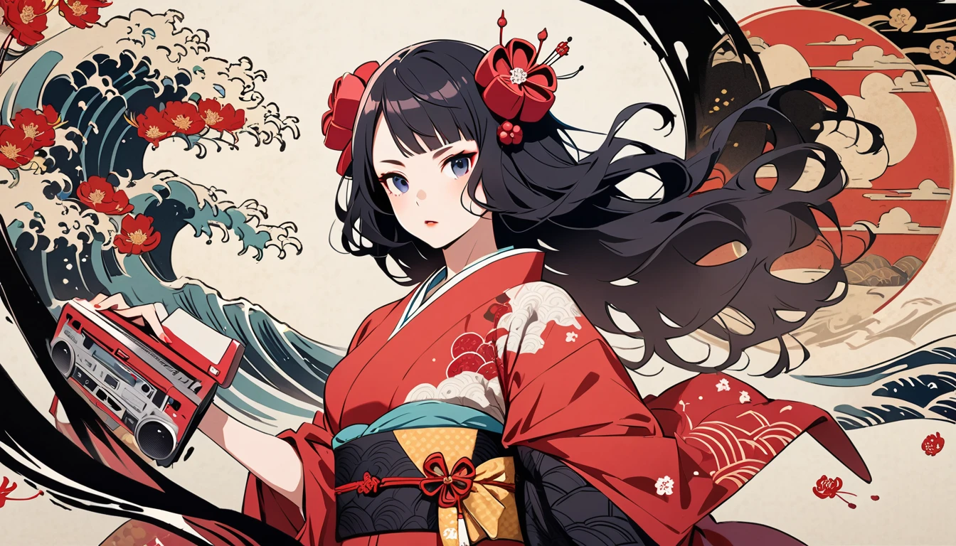 Highest quality, Katsushika Hokusai, Ink Painting, (((longhair))), (((Pale red kimono))), (((Boombox))), Patterned headphones, Red spider lily, beautiful girl, Black Hair, Delicate and precise, Modern ukiyo-e style,