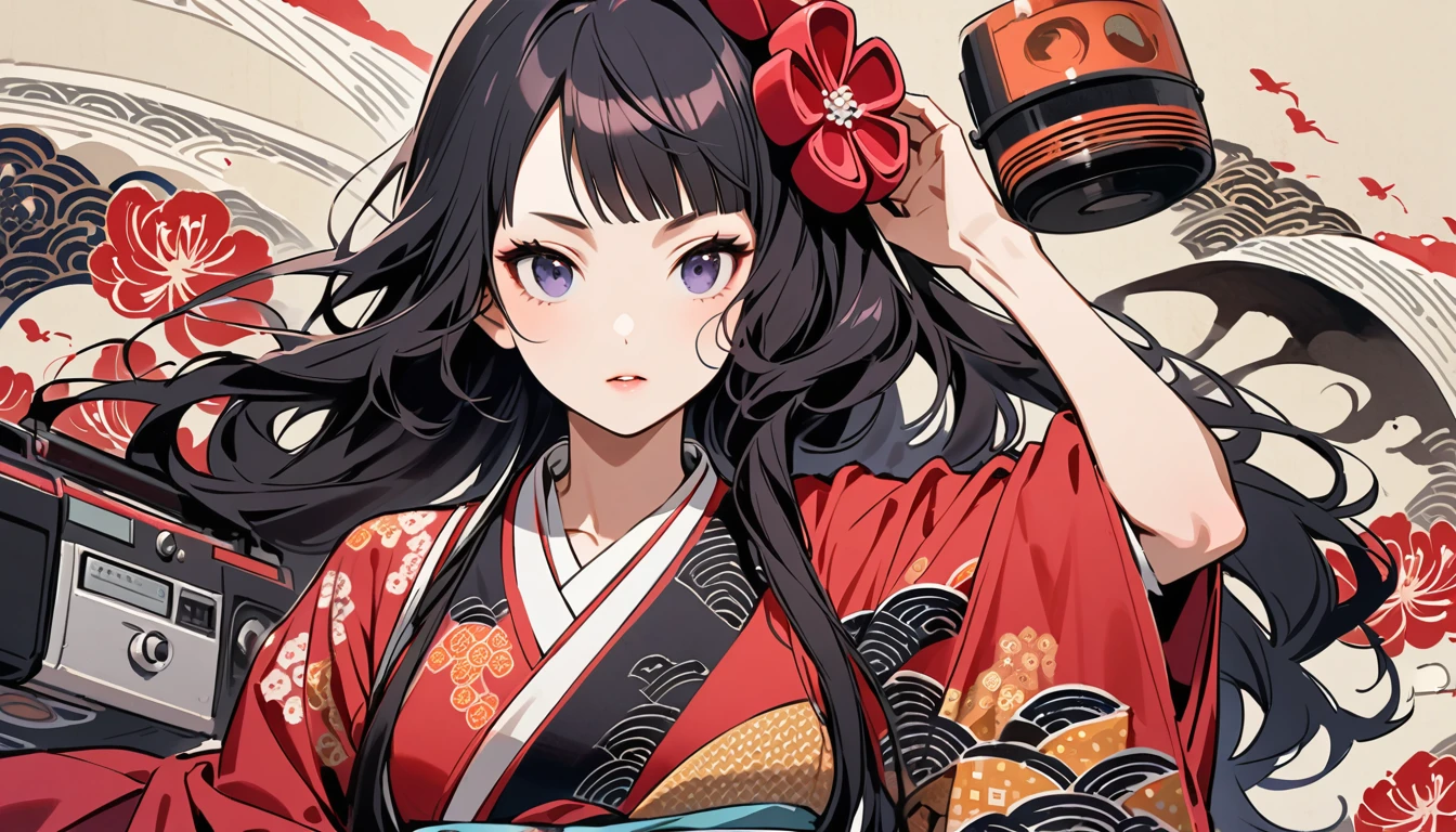 Highest quality, Katsushika Hokusai, Ink Painting, (((longhair))), (((Pale red kimono))), (((Boombox))), Patterned headphones, Red spider lily, beautiful girl, Black Hair, Delicate and precise, Modern ukiyo-e style,