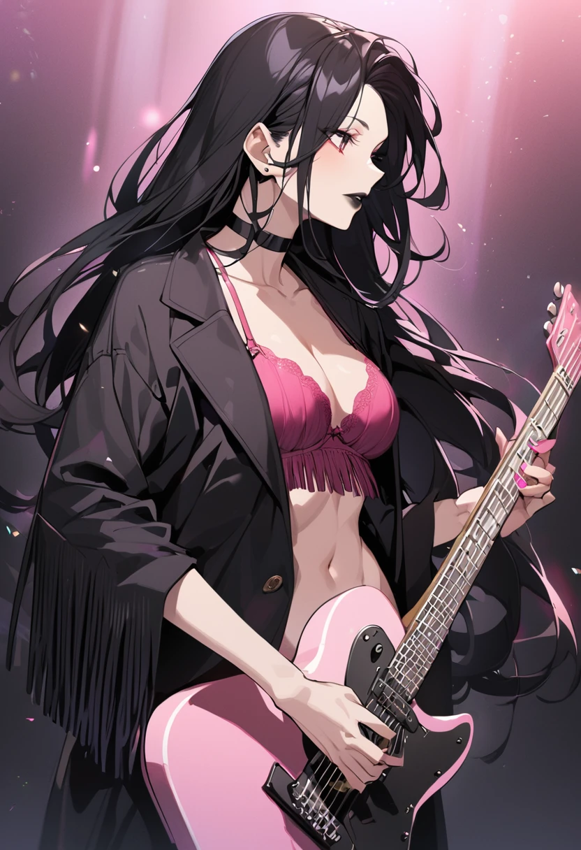 beautyful mature japanese woman, slim body, slender body, black jacket,big long fringe black hair, black lipstick, pink bra, milf, black chocker, playing guitar