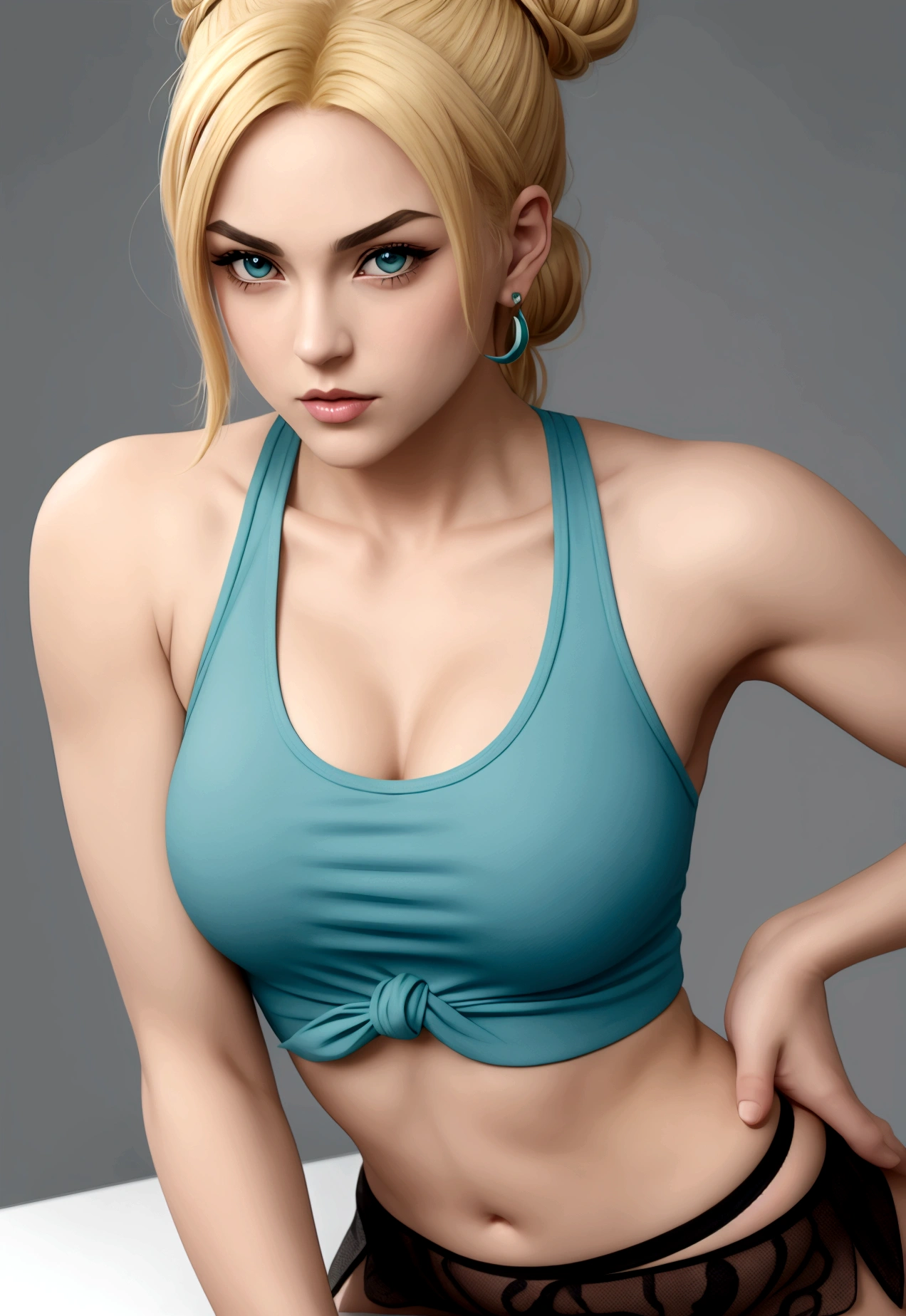 Close-up of a woman wearing a teal tank top, A light blue heart mark on the chest of the tank top,in Jojo\The Bizarre Adventure of, Jojo anime style, posing as a Jojo character, Jojo bizarre adventure, Jolyne Kujo, Jojo\The Bizarre Adventure of, JojoThe Bizarre Adventure of, JojoThe Bizarre Adventure ofs, Jojo style, High quality artwork,Hair color is blonde with bangs and other black,Tying a bun