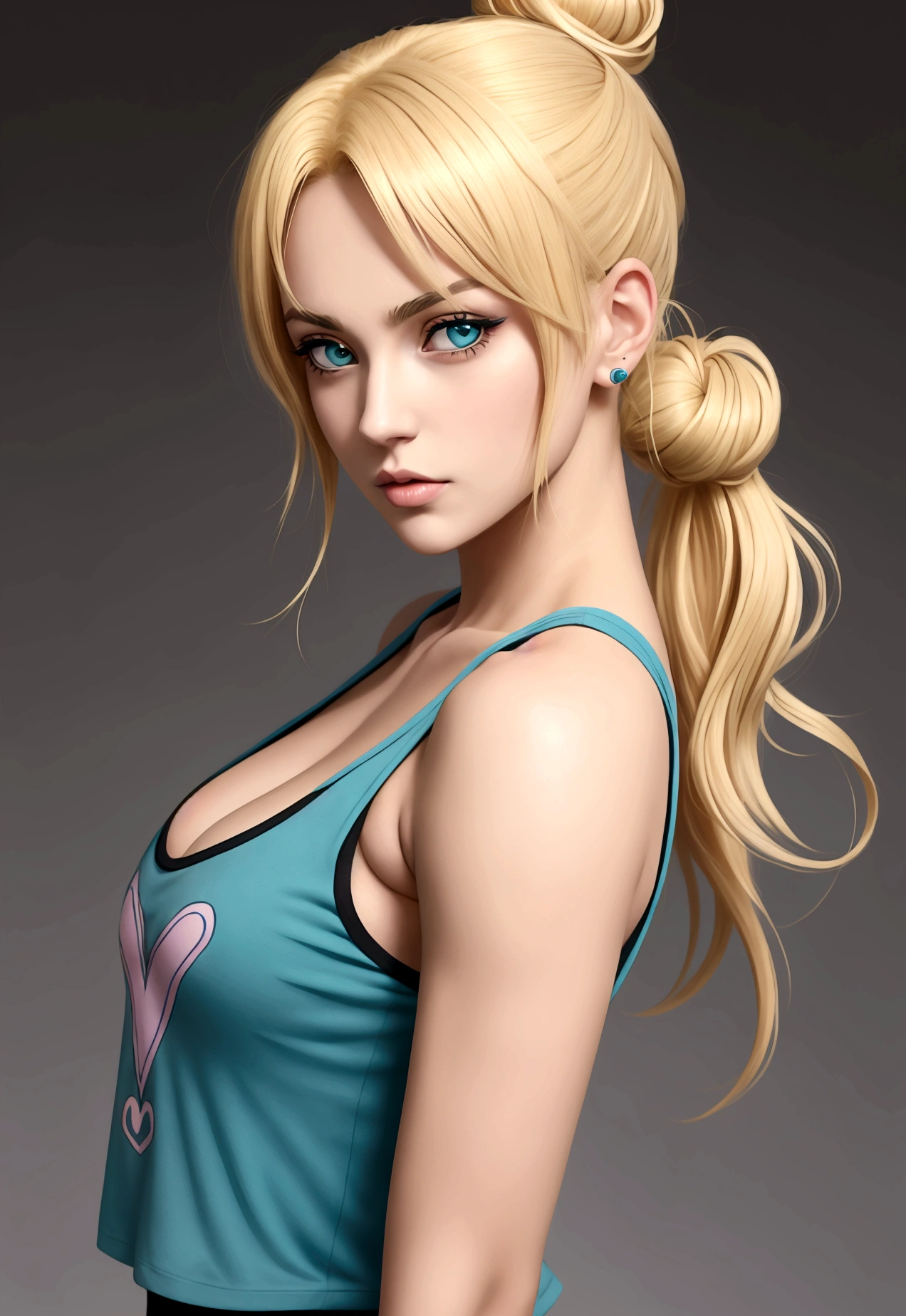 Close-up of a woman wearing a teal tank top, A light blue heart mark on the chest of the tank top,in Jojo\The Bizarre Adventure of, Jojo anime style, posing as a Jojo character, Jojo bizarre adventure, Jolyne Kujo, Jojo\The Bizarre Adventure of, JojoThe Bizarre Adventure of, JojoThe Bizarre Adventure ofs, Jojo style, High quality artwork,Hair color is blonde with bangs and other black,Tying a bun