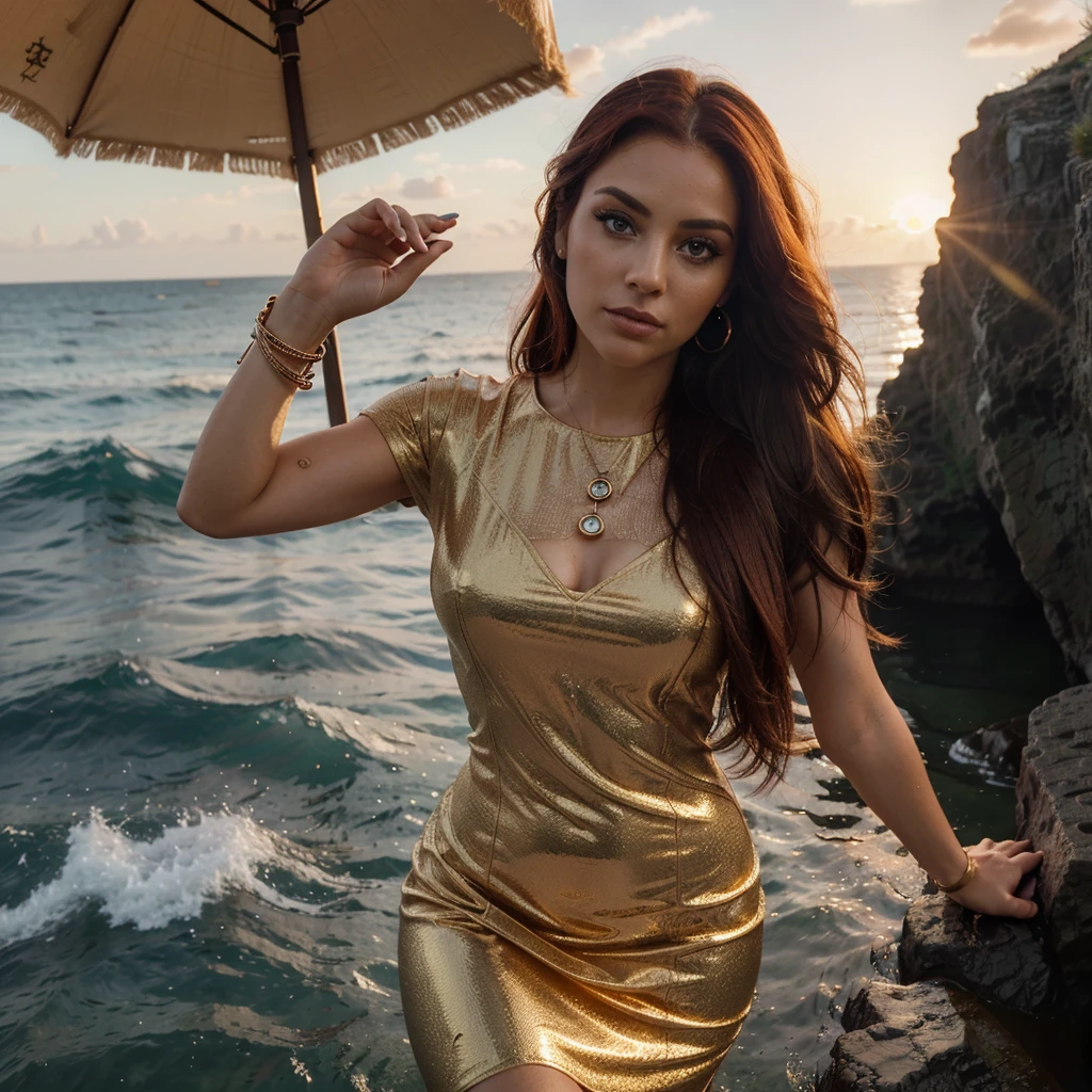( High quality , ultra detailed to hand ) ( careful hand ) Zodiac sign- Aries goddess , similar to latin goodness , Brave ,willful ,productive ,enterprising and humanitarian face . Moody, impulsive, impatient, assertive style . sunset reddish hair , transparent dress , in the ocean with sun , whole body , crystal fire eyes ( eye detailed ) . strong powerful make up look . Fire goddess .