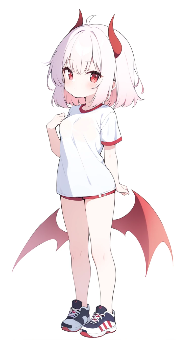 Teenage girl, devil girl, little red horns, white hair, short fluffy hair, big red eyes, pale skin, rosy cheeks, medium breasts, red cheeks, white sports shirt with a diaganal red side stripe from left to right. white background, full body