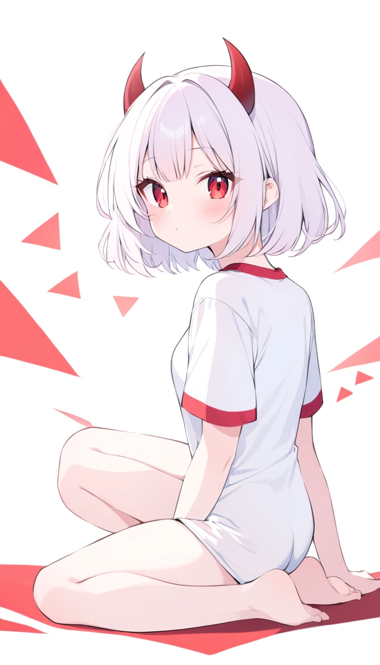 Teenage girl, devil girl, little red horns, white hair, short fluffy hair, big red eyes, pale skin, rosy cheeks, medium breasts, red cheeks, white sports shirt with a diaganal red side stripe from left to right. white background, full body