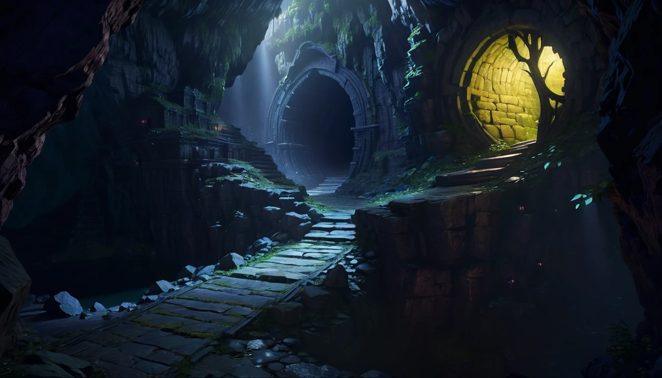 (anime, dark fantasy), (extremely detailed CG unity 8k wallpaper, masterpiece, best quality, ultra-detailed, HDR:1.2), ((cavern, goblin liar, small tunnel, interior, isolated tunnel, dark tunnel ruin: 1.5, from final dungeon and dragons)), dark interior: 1.5, dark colors, dangerous atmosphere, extremely detailed, intricate, delicate, serene fantasy, dimed lighting, 8k, high quality