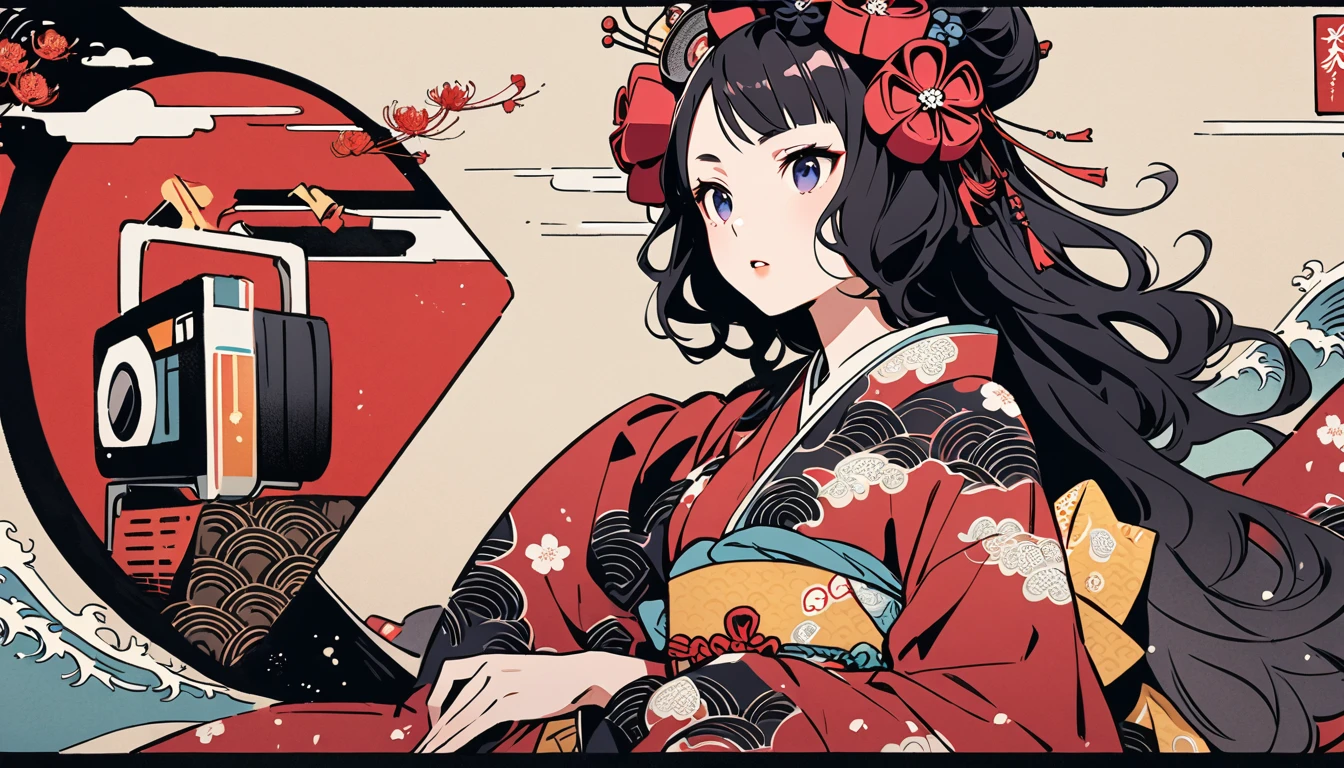 Highest quality, Katsushika Hokusai, Ink Painting, (((longhair))), (((Pale red kimono))), (((Boombox))), Patterned headphones, Red spider lily, beautiful girl, Black Hair, Delicate and precise, Modern ukiyo-e style,