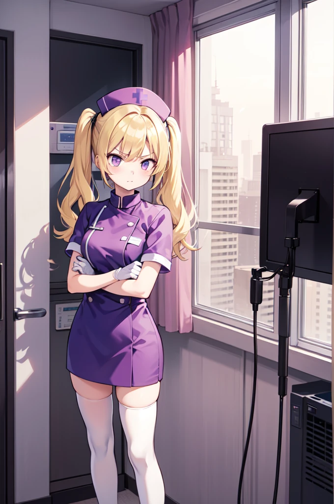 1girl, solo, nurse, nurse cap, white nurse uniform, ((white legwear, zettai ryouiki)), white gloves, twintails, yellow hair, purple eyes, angry, crossed arms, standing, ((hospital room)), sharp outline, short sleeves, best quality, masterpiece
