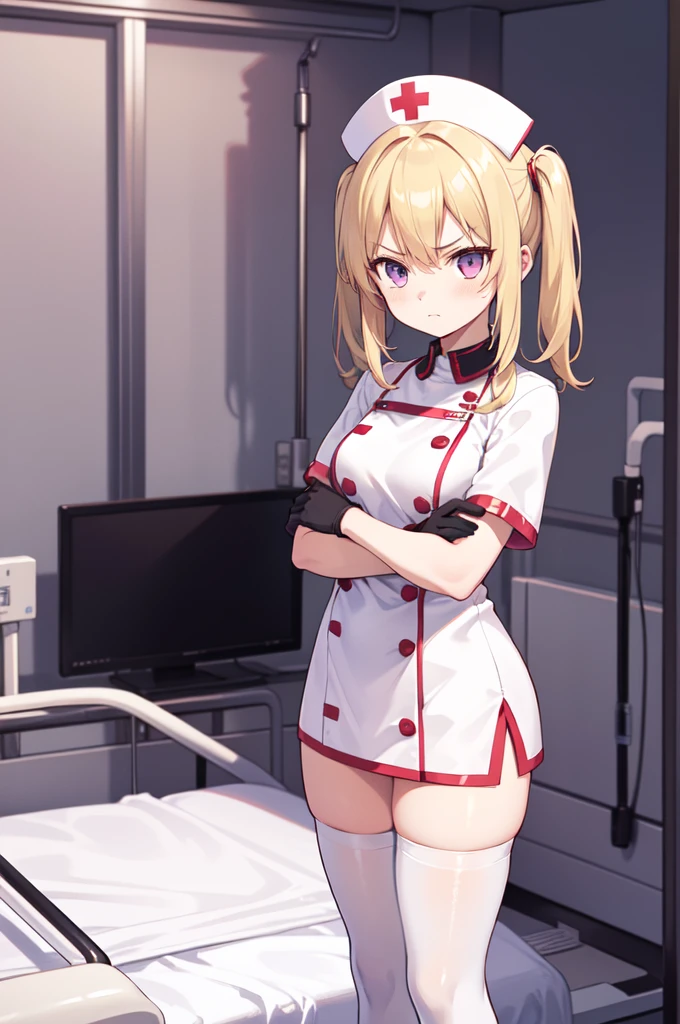1girl, solo, nurse, nurse cap, white nurse uniform, ((white legwear, zettai ryouiki)), white gloves, twintails, yellow hair, purple eyes, angry, crossed arms, standing, ((hospital room)), sharp outline, short sleeves, best quality, masterpiece