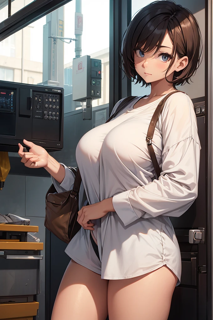 A hot shy young woman with massive breasts, short pixie hair, no pants, loose baggy shirt