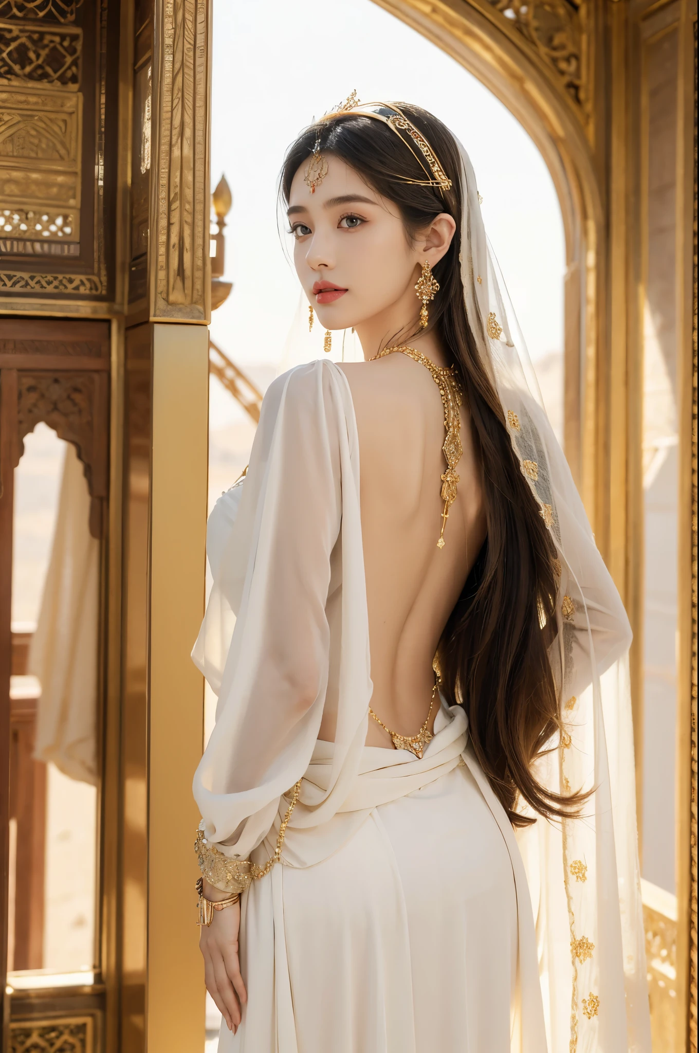 (((best quality))),(((ultra detailed))),(((masterpiece))),illustration,1girl, solo,princess, Arabic,slim,thin, ((palace, desert)), gold, gemstones,headscarf, veil on face,white sheer traditional clothing, hairband, deep eyes, elegant face, subtle smile,earrings,necklace, sunlight, shining, serene, environment,day scene,out door,standing,((upper body,from back)),((bare back,towering hips,butt crack))
