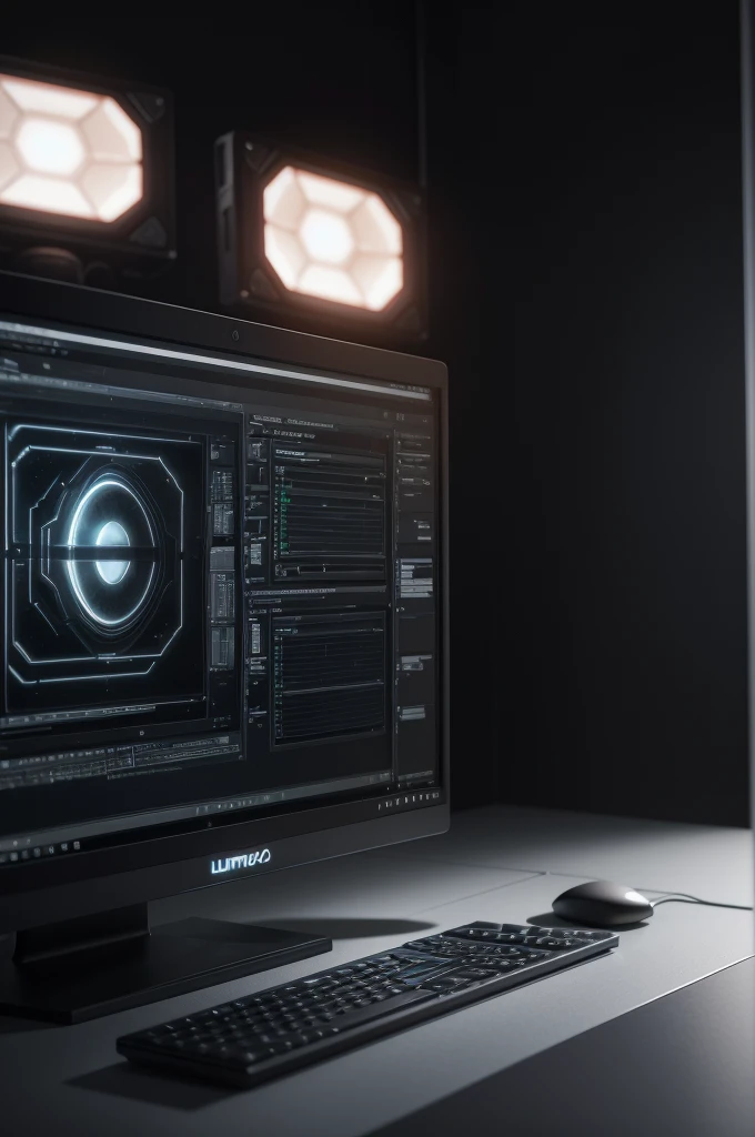 a close up of a computer screen with text that says lumox studio, an ambient occlusion render inspired by Luma Rouge, featured on Artstation, Graphite, lumen global illumination, unreal 5 lumen engine, luminous scifi engine, unreal lumen engine, hyperrealistic lighting studio, unreal engine 5», viscous and unreal engine, White Paper