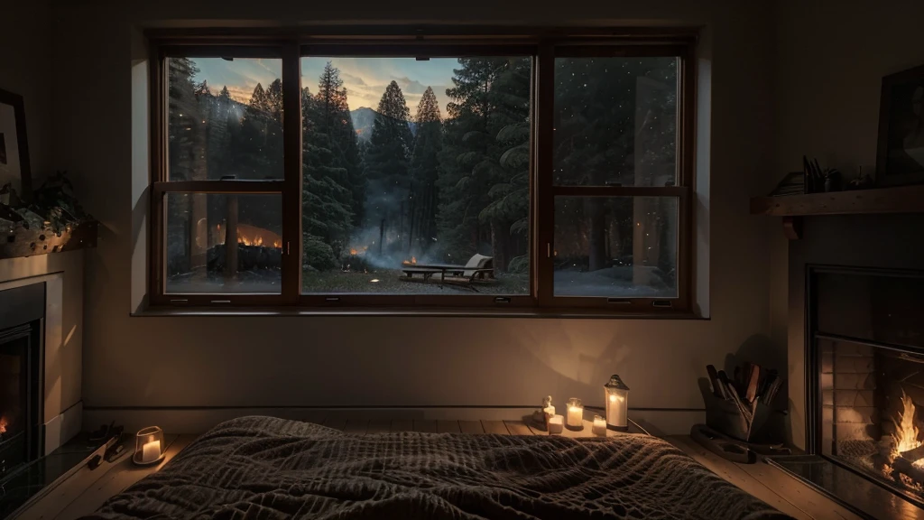 arafed bedroom with a fireplace and a bed in front of a window, a matte painting inspired by Gregory Crewdson, unsplash contest winner, romanticism, cozy place, bedroom full of fire, cozy atmospheric, cozy and calm, large windows to forest at night, cozy and peaceful atmosphere, dream like atmosphere 8k, cozy room, cozy environment