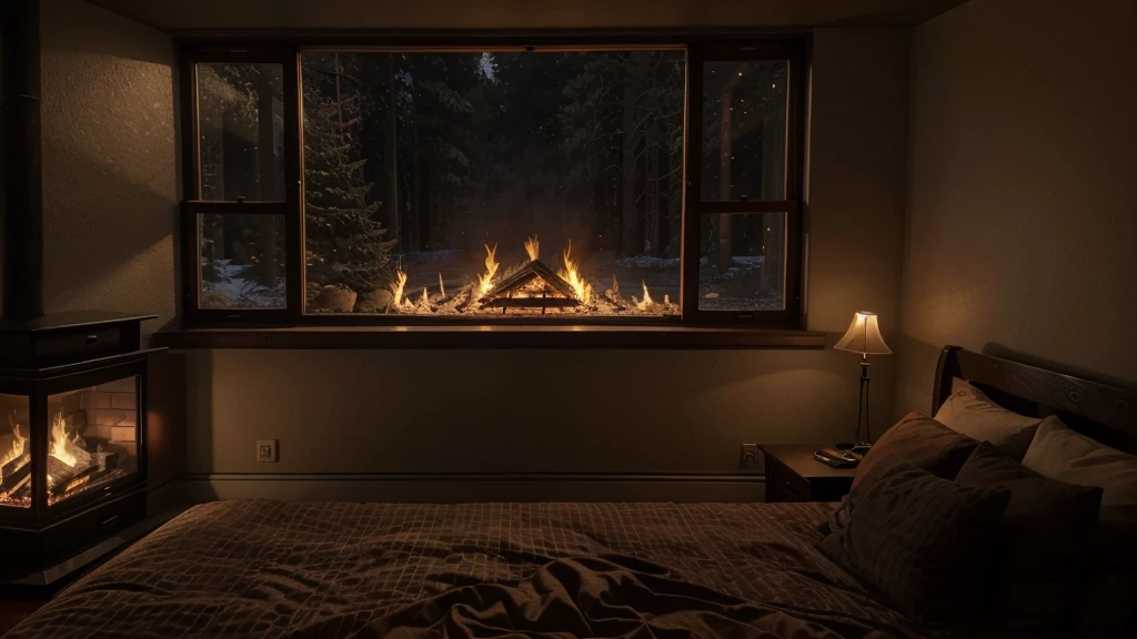 arafed bedroom with a fireplace and a bed in front of a window, a matte painting inspired by Gregory Crewdson, unsplash contest winner, romanticism, cozy place, bedroom full of fire, cozy atmospheric, cozy and calm, large windows to forest at night, cozy and peaceful atmosphere, dream like atmosphere 8k, cozy room, cozy environment