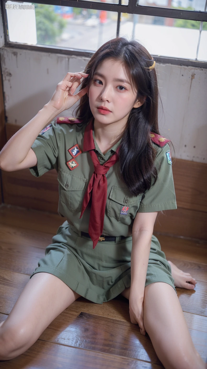 ((1girl)), in thai_girlscout_uniform, instant camera flash, pose at random location, makeup with glossy lip, small breasts, (thai_girlscout_uniform), various angle, ((face focus)), ************, Beautiful Japanese Girl, spread leg pose, (nsfw:1.4), realistic light, realistic skin tone