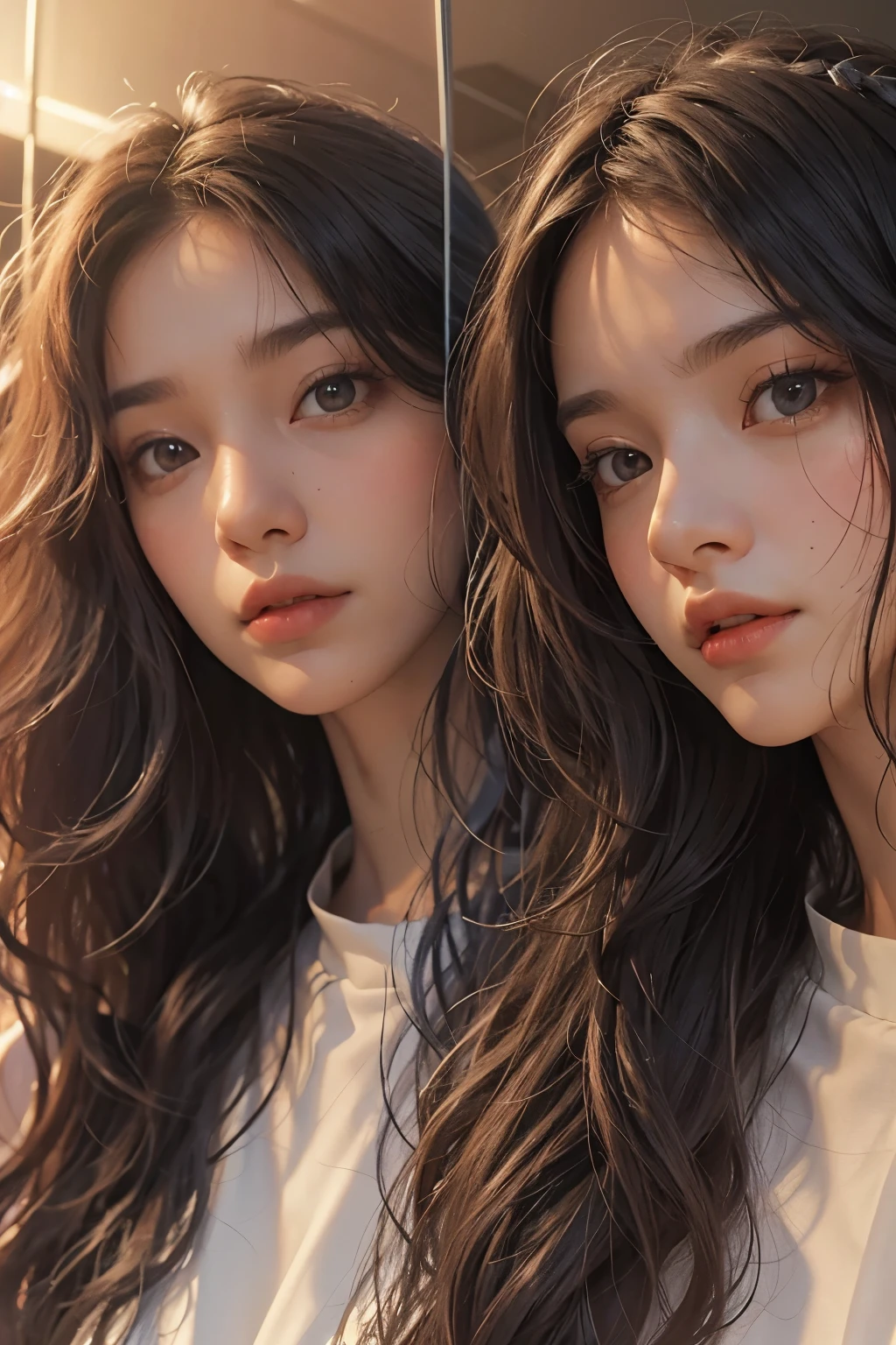 2 raped women with permed hair, twin, what makeup, without makeup, Centrally separated curtain bangs, Profile picture, Use Instagram Filters, Subtle soft and dim light, Pose looking back at the mirror, couple, perfect face, julia sardinian, perfect hands, Random behavior, (full_body),