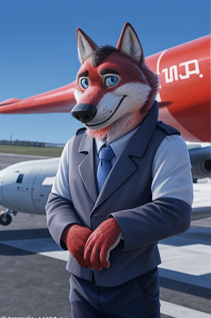 Ivan Fedorovich Wolfbach (Novosibirsk) ,высокий Beautiful, wolf,young, 24 years, brown fur,Kind,(red body:1.3),beautiful blue eyes,Novosibirsk,dressed,civil aviation pilot uniform,White shirt,epaulets командира, черный tie, trousers,airline pilot, commander&#39;s cap, trousers,canine, wolf, detailed fur, male, second, paw pads, finger claws,At the viewer, 5 fingers, paws, 5 fingers, smile, wrist watch, т nextel,by xenoforge, (difficult, high detail, digital photography, soft focus, RAW,goes for a walk, ,Very close to the camera,airport,Novosibirsk, smile, good mood, positive, Very close to the camera,without hair, epaulets captain, shoulder straps yellow stripe 4, 
Photorealism, realistic, photorealistic, digital style, Subsurface scattering,I look at the viewer,стоит White shirt, epaulets, captain, trousers, tie, next to a ussr plane Il-76md plane,smile, teeth, Beautiful, 
masterpiece, Best quality, ultra realistic, 8 thousand.)