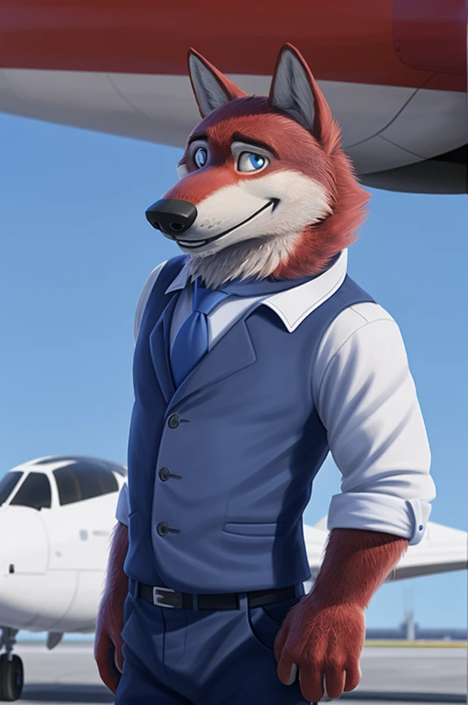 Ivan Fedorovich Wolfbach (Novosibirsk) ,высокий Beautiful, wolf,young, 24 years, brown fur,Kind,(red body:1.3),beautiful blue eyes,Novosibirsk,dressed,civil aviation pilot uniform,White shirt,epaulets командира, черный tie, trousers,airline pilot, commander's cap, trousers,canine, wolf, detailed fur, male, second, paw pads, finger claws,At the viewer, 5 fingers, paws, 5 fingers, smile, wrist watch, т nextel,by xenoforge, (difficult, high detail, digital photography, soft focus, RAW,goes for a walk, ,Very close to the camera,airport,Novosibirsk, smile, good mood, positive, Very close to the camera,without hair, epaulets captain, shoulder straps yellow stripe 4,
Photorealism, realistic, photorealistic, digital style, Subsurface scattering,I look at the viewer,стоит White shirt, epaulets, captain, trousers, tie, next to a ussr plane Il-76md plane,smile, teeth, Beautiful,
masterpiece, Best quality, ultra realistic, 8 thousand.)