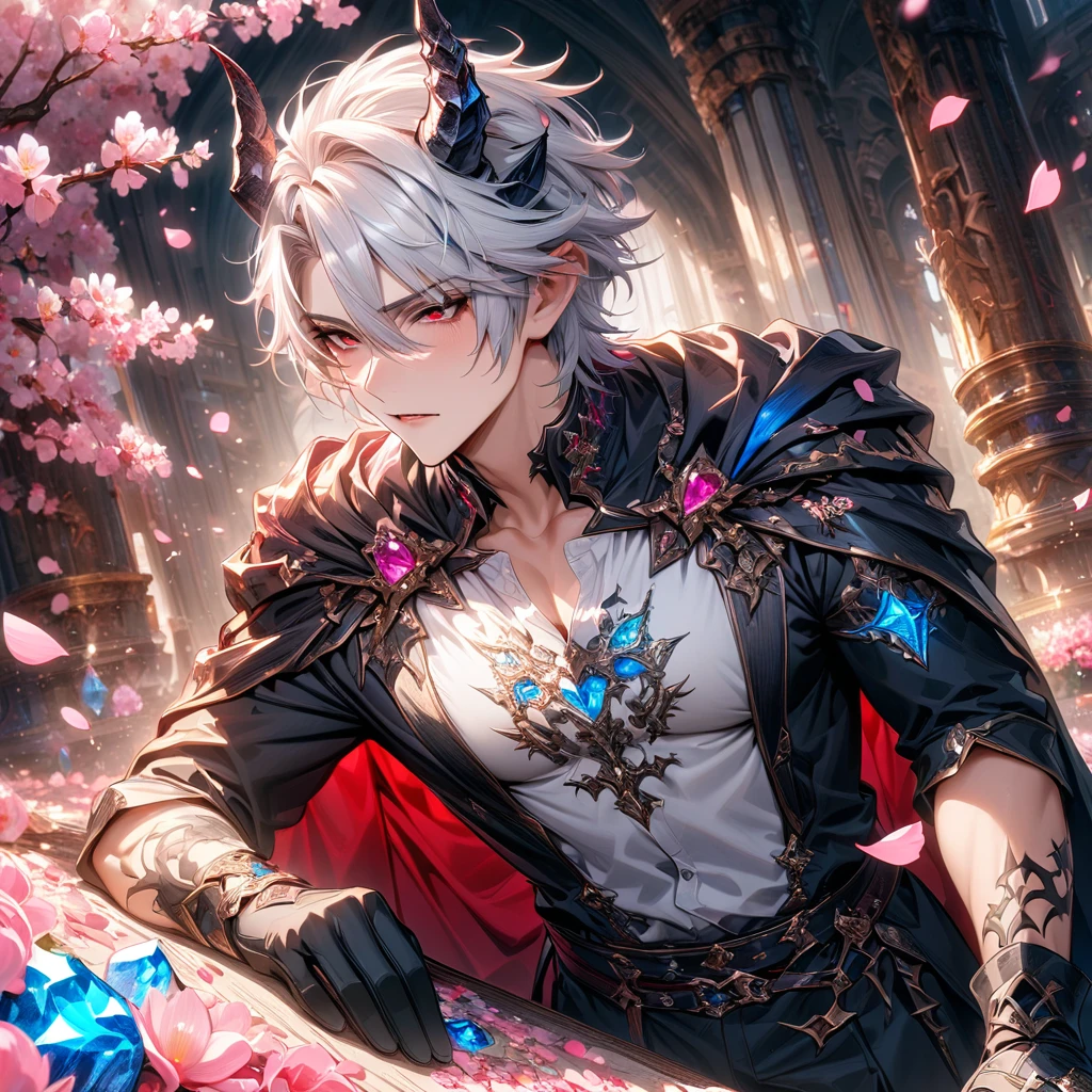 Ultra detailed, highres, absurdres, HDR, master piece, Krozseria, messy white hair, short hair, expressive red eyes, Demon Fantasy, pink petals, pink flowers, black cape, y man, solo, best quality, blossoms, blue shining fireflie, handsome, black horns, the word "Krozseria" is written on his shirt, fantasy, black horns, black gloves