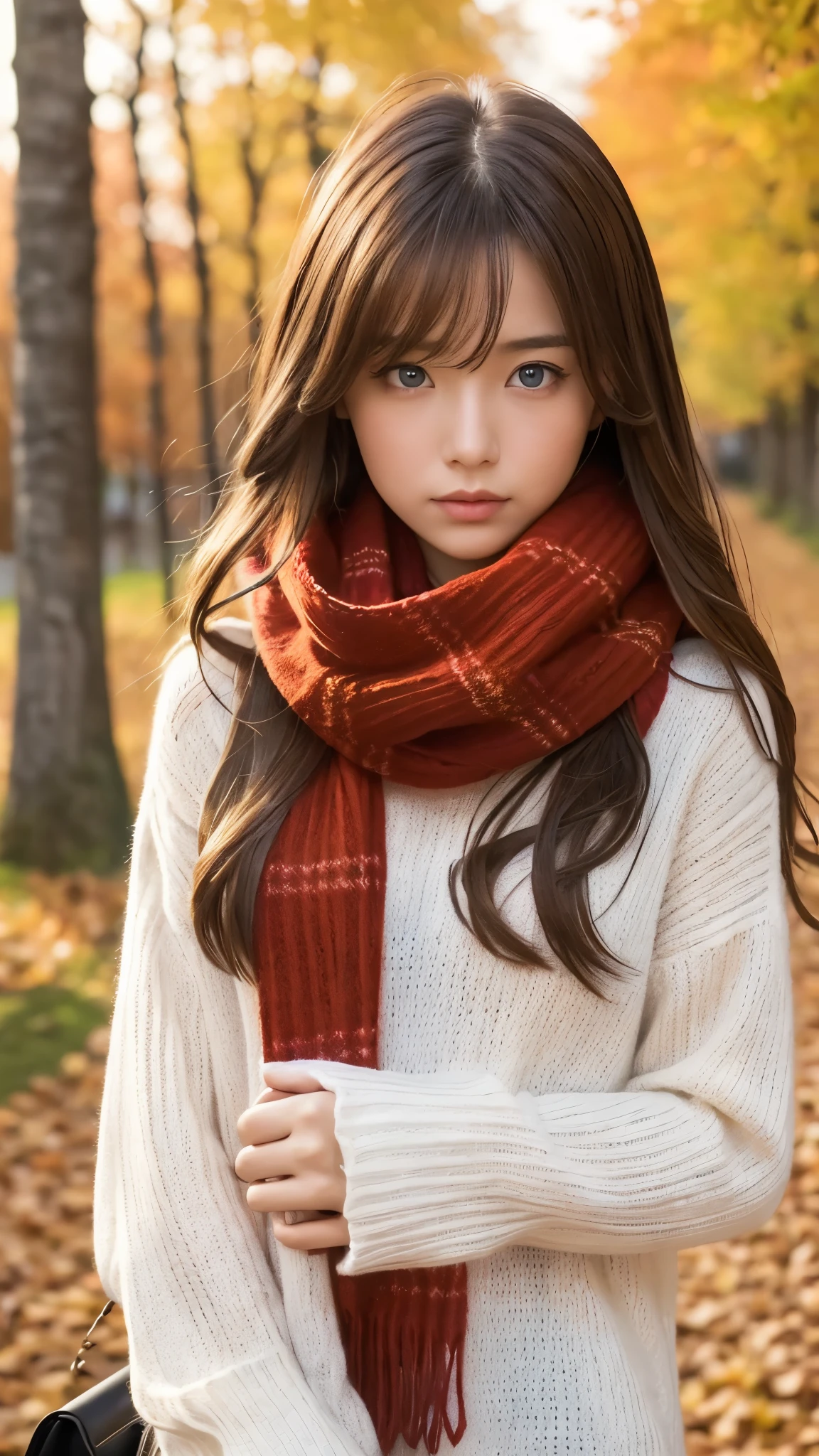 (masterpiece), Highest quality, Super detailed, figure, Warm lighting, Soft lighting, Bright colors, 1 Girl, alone,( beautiful girl, Long Hair, blue eyes, ribbon, Brown Hair, Hair between the eyes, hair ribbon, Side Lock, very Long Hair, Messy Hair,) , autumn, Lots of maple trees, maple leaf, Golden Leaf, autumn leaves, Dry leaves, river,  Fresh air,  peace, Cool breeze , Sweater Weather,( Wear a white or brown sweater, Red scarf, melancholyなautumn, Lost in Thought, melancholy, sad ,Worried, longing,)