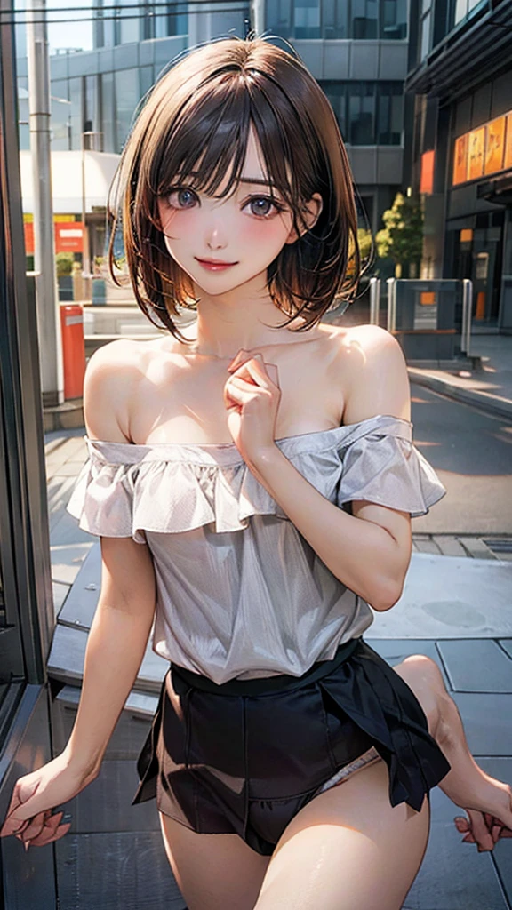 (masterpiece:1.2, top-quality), (realistic, photorealistic:1.4), beautiful illustration, (natural side lighting, movie lighting), nsfw,
looking at viewer, 1 girl, japanese, high school girl, perfect face, cute and symmetrical face, shiny skin,
(short hair:1.5, bob cut:1.6, brown hair), blunt bangs, hair between eyes, grey eyes, drooping eyes, slant eyes, long eye lasher, (),
beautiful hair, beautiful face, beautiful detailed eyes, beautiful clavicle, beautiful body, beautiful chest, beautiful thigh, beautiful legs, beautiful fingers, pulling her shirt down, bra showing more skin,
((, no clothes, off shoulder strapless, panties )),
(beautiful scenery), evening, (park, cityscape in the distance), walking, (lovely smile, upper eyes),