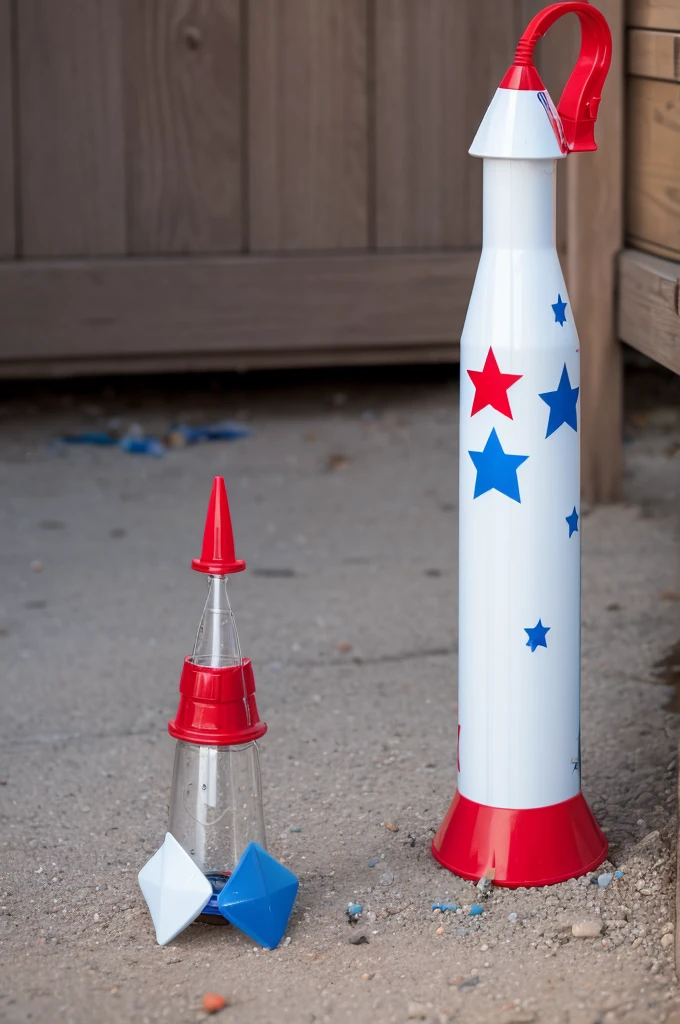 A pet bottle rocket with red colors, white and blue stars