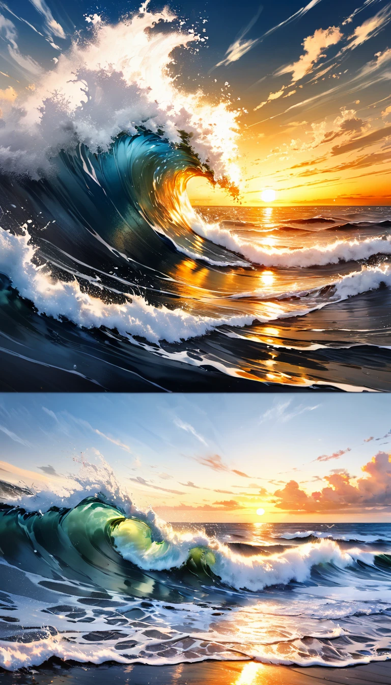 Highest quality, Super quality, 16K, masterpiece, RAW Photos, Realistic, Three-dimensional depiction of rippling oil paintings, A fusion of watercolor and oil painting, Monochrome and color combination、 Wind, Wind-effects, Excellent image effect, A wonderful work of art、Ocean、Sunset