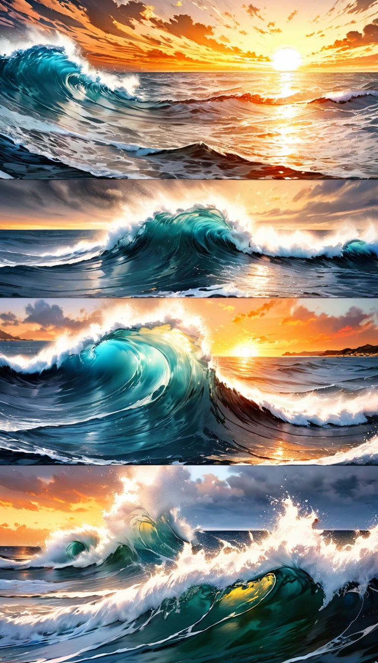 Highest quality, Super quality, 16K, masterpiece, RAW Photos, Realistic, Three-dimensional depiction of rippling oil paintings, A fusion of watercolor and oil painting, Monochrome and color combination、 Wind, Wind-effects, Excellent image effect, A wonderful work of art、Ocean、Sunset