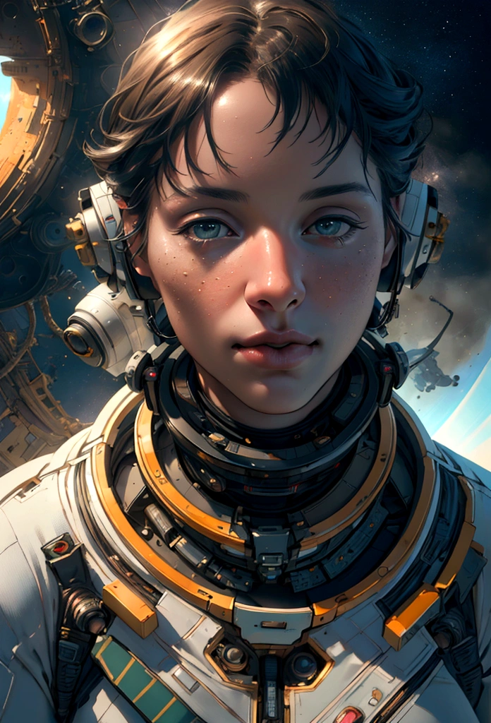 (best quality, 4K, 8K, A high resolution, Artwork:1.2), (realistic, photorealistic, photorealistic:1.37), astronaut floating in space, in the background we have a black hole and some stars, science fiction, Retro technology futuristic, starry fog, exploration, adventure, mystery, Galactic environment, exalted, isolated heroine, interstellar travel, dramatic contrast, distant planets, majestic face, science fiction fashion, smoke and fog effects, contrasting textures, timeless beauty
