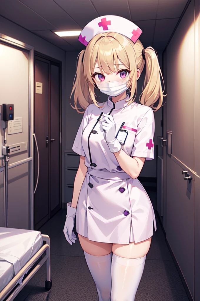 1girl, solo, nurse, nurse cap, white nurse uniform, ((white legwear, zettai ryouiki)), white gloves, twintails, yellow hair, purple eyes, ((white surgical mask, covered nose)), standing, ((hospital room)), sharp outline, short sleeves, best quality, masterpiece