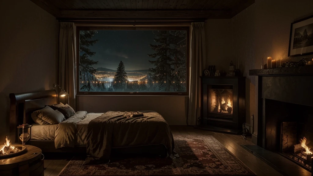 arafed bedroom with a fireplace and a bed in front of a window, a matte painting inspired by Gregory Crewdson, unsplash contest winner, romanticism, cozy place, bedroom full of fire, cozy atmospheric, cozy and calm, large windows to forest at night, cozy and peaceful atmosphere, dream like atmosphere 8k, cozy room, cozy environment