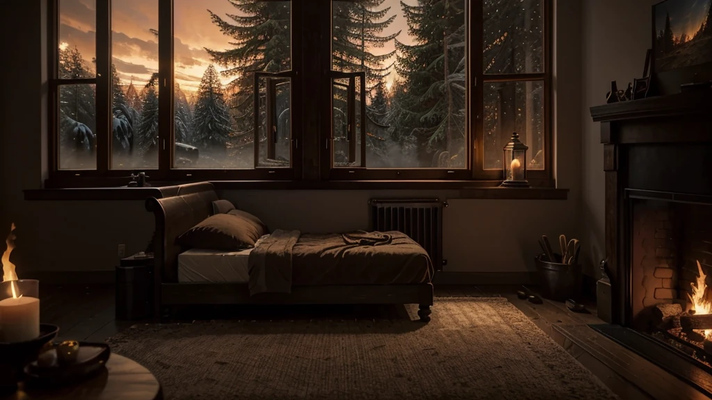 arafed bedroom with a fireplace and a bed in front of a window, a matte painting inspired by Gregory Crewdson, unsplash contest winner, romanticism, cozy place, bedroom full of fire, cozy atmospheric, cozy and calm, large windows to forest at night, cozy and peaceful atmosphere, dream like atmosphere 8k, cozy room, cozy environment