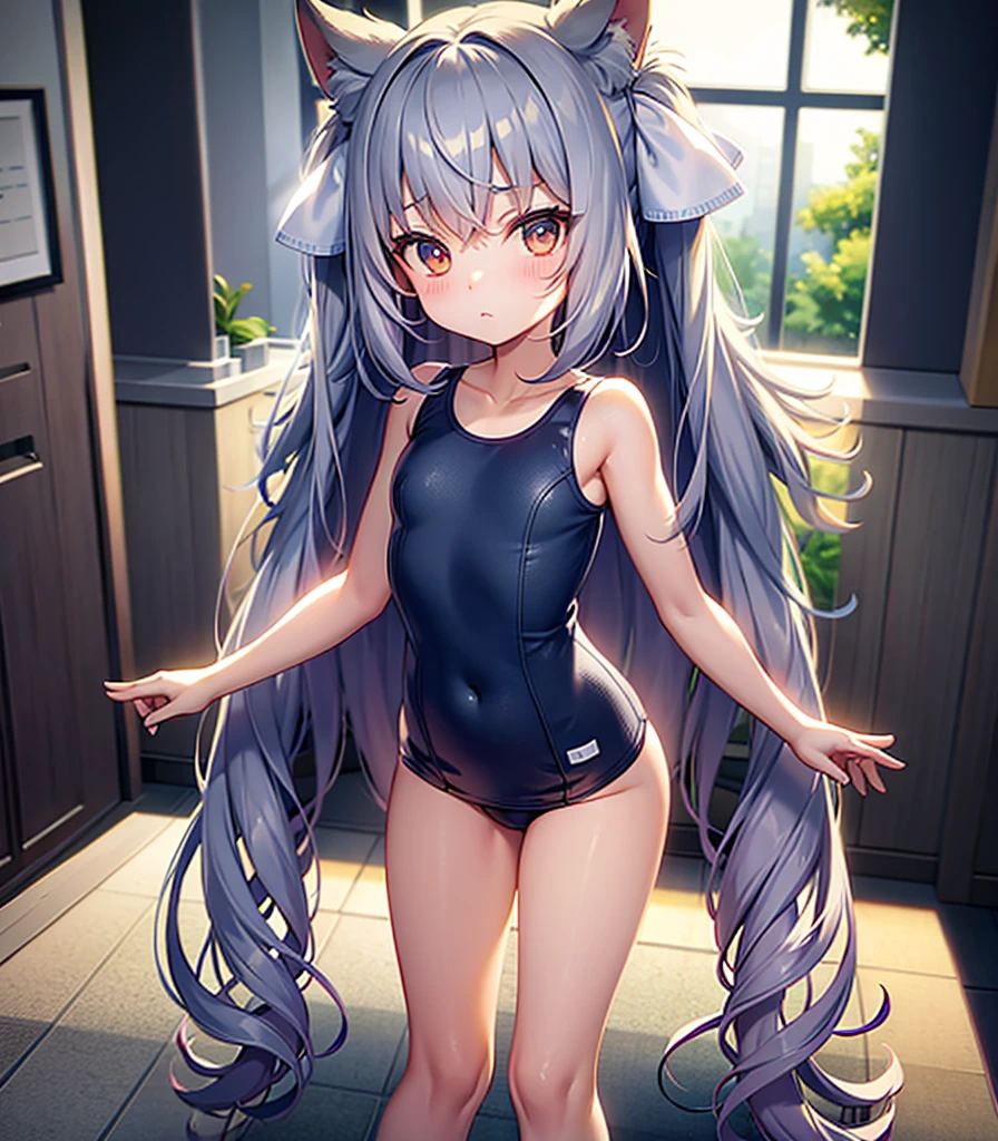 ((School Swimsuit)),Cute li,Tiny Lori,Small girildish face, Very fine clean face,Top quality, Big eyes,Straight Hair,Yellow hair,Crimson Eye,(Dark Room), Subtle light, Natural light,Soft lighting,Light from directly behind, (Are standing), Cute pose, Showing the whole body,Front view