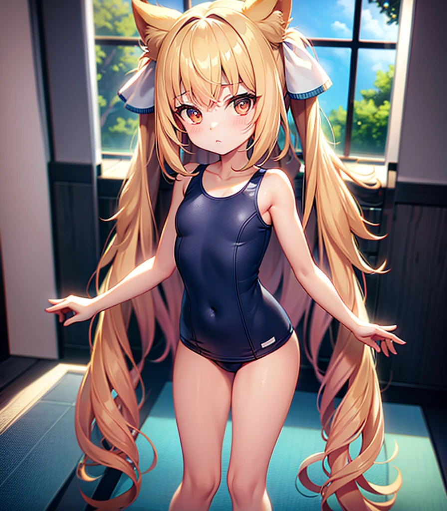((School Swimsuit)),Cute little loli,Tiny Lori,Small girl,,Childish face, Very fine clean face,Top quality, Big eyes,Straight Hair,Yellow hair,Crimson Eye,(Dark Room), Subtle light, Natural light,Soft lighting,Light from directly behind, (Are standing), Cute pose, Showing the whole body,Front view