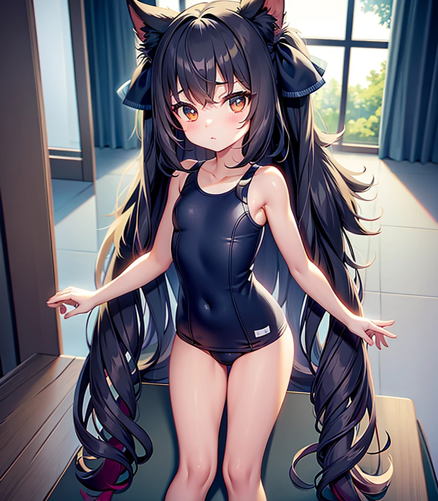 ((School Swimsuit)),Cute li,Tiny Lori,Small girildish face, Very fine clean face,Top quality, Big eyes,Straight Hair,Yellow hair,Crimson Eye,(Dark Room), Subtle light, Natural light,Soft lighting,Light from directly behind, (Are standing), Cute pose, Showing the whole body,Front view