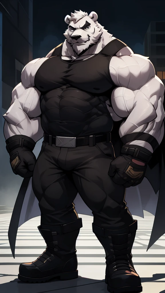 solo, 1boy, Huge Muscular White Polar Bear as bane from batman, supervillain, huge white fur, pectoral, huge pectoral, wide pectoral, bane luchador mask, short white hair, black tight tank top, tight black pants, black wristbands gloves and army boots, bearded, Mustache, white fur, gotham background, masterpiece, high detailed, 8k, high resolution, at the top looking at Gotham posing for revenge, swelling up his body with venom
