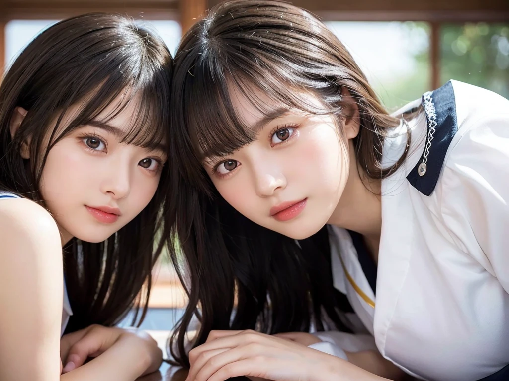Two beautiful girls, 15 and 15 years old,Two Girls,Cheek to cheek,Embrace each other,Highest quality,masterpiece:1.3,Ultra-high resolution),(Very detailed,Caustics,8K),(Realistic:1.4,RAW shooting),Japanese,Looking at the camera, Slender body, Good figure,Rembrandt Lighting, Realistic atmosphere,Glossy lips,Soft white skin that shines in every detail,、Very beautiful eyes,Detailed lips、Beautiful, shining lips,Very beautiful face,Very well-formed face、Detailed face, (Photorealistic:1.2), (Highest quality), (Detailed skin:1.3), (Intricate details), Ray Tracing, In detail,real,Detailed skin texture, Black Hair, Long Hair, (Wavy Hair:1.2), (Blunt bangs:1.2), cute, Sailor suit,(Face Focus:1.1),(Face close-up:1.1),(Low position::1.3),(Low Angle::1.3),On the floor,