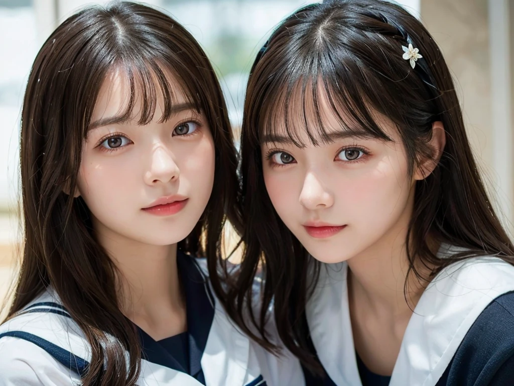 Two beautiful girls, 15 and 15 years old,Two Girls,Cheek to cheek,Embrace each other,Highest quality,masterpiece:1.3,Ultra-high resolution),(Very detailed,Caustics,8K),(Realistic:1.4,RAW shooting),Japanese,Looking at the camera, Slender body, Good figure,Rembrandt Lighting, Realistic atmosphere,Glossy lips,Soft white skin that shines in every detail,、Very beautiful eyes,Detailed lips、Beautiful, shining lips,Very beautiful face,Very well-formed face、Detailed face, (Photorealistic:1.2), (Highest quality), (Detailed skin:1.3), (Intricate details), Ray Tracing, In detail,real,Detailed skin texture, Black Hair, Long Hair, (Wavy Hair:1.2), (Blunt bangs:1.2), cute, Sailor suit,(Face Focus:1.1),(Face close-up:1.1),(Low position::1.3),(Low Angle::1.3),On the floor,