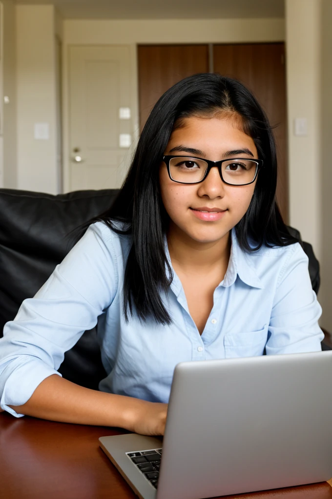 Latina high school student girl black hair watching her laptop with realistic clear glasses